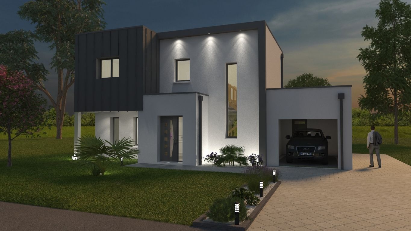 Innovante n°2 Façade avant d'une maison moderne et sur mesure éclairée la nuit