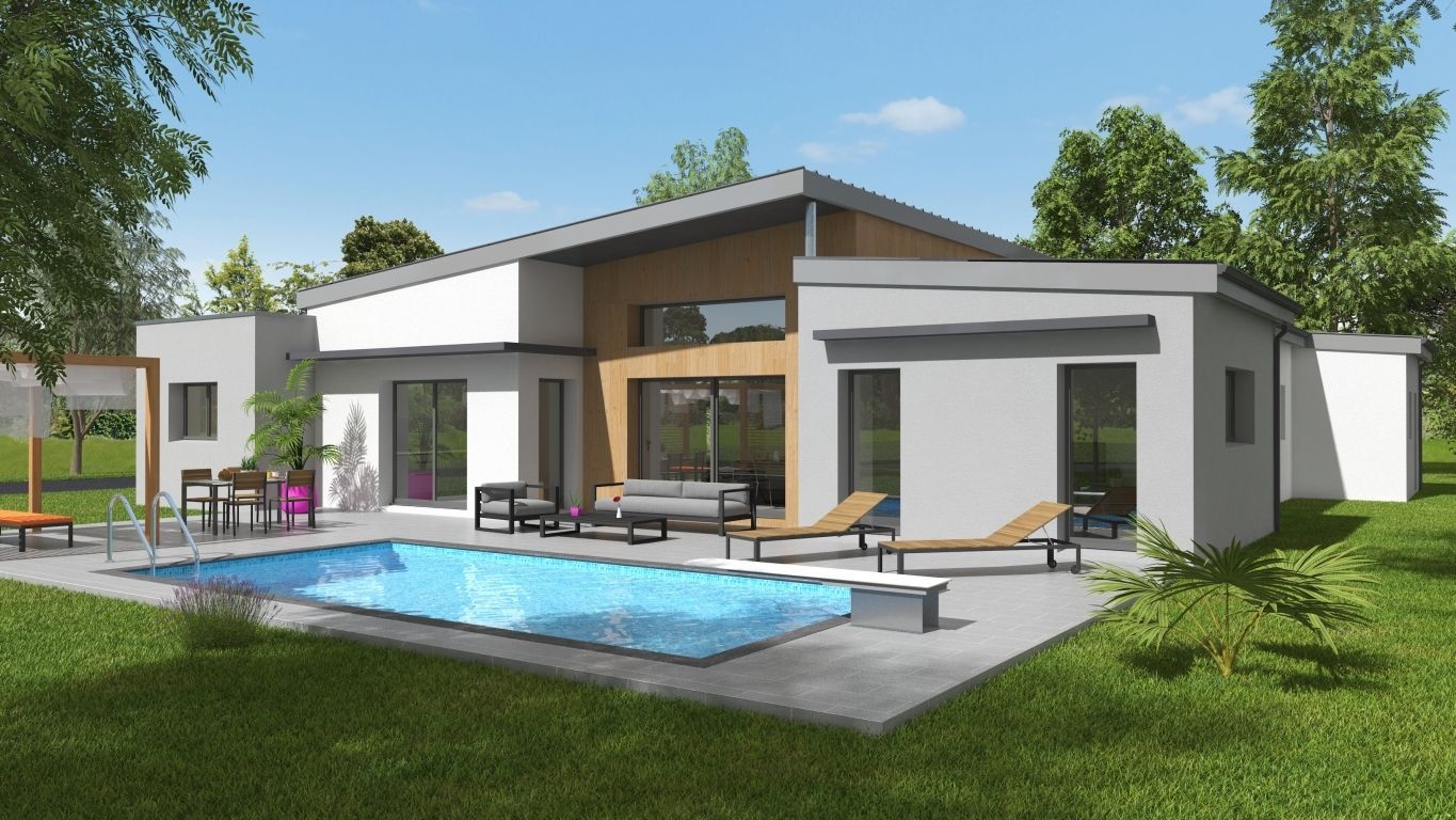 Innovante n°4 Façade arrière d'une maison neuve en bois avec terrasse et piscine